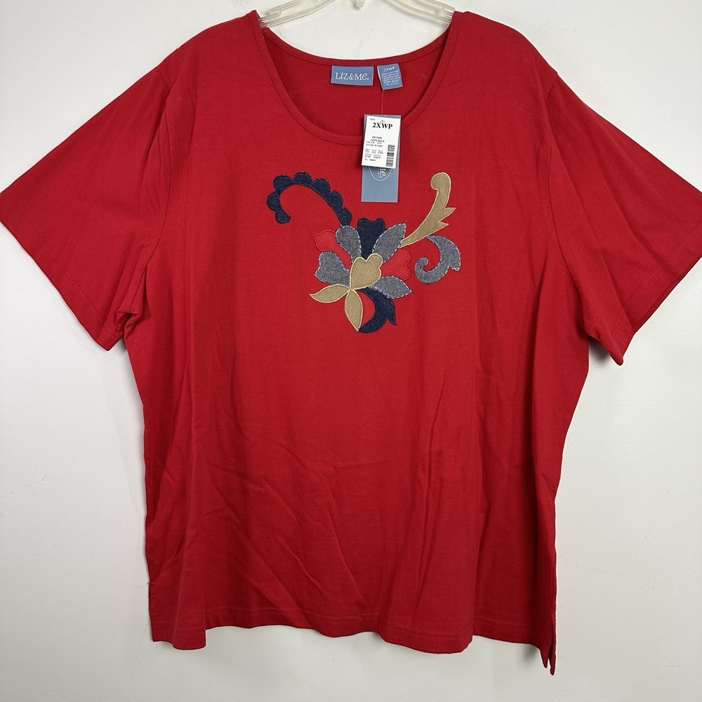 Liz &‎ Me Red Floral T-Shirt Size 2XW Petite Applique Embroidered NWT